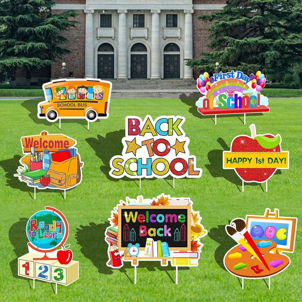 8pcs Back to School Yard Signs, First Day of School Ready To Learn Welcome Back to School Lawn Decorations Outdoor Waterproof Yard Decorations with Stakes for Back to School Decorations