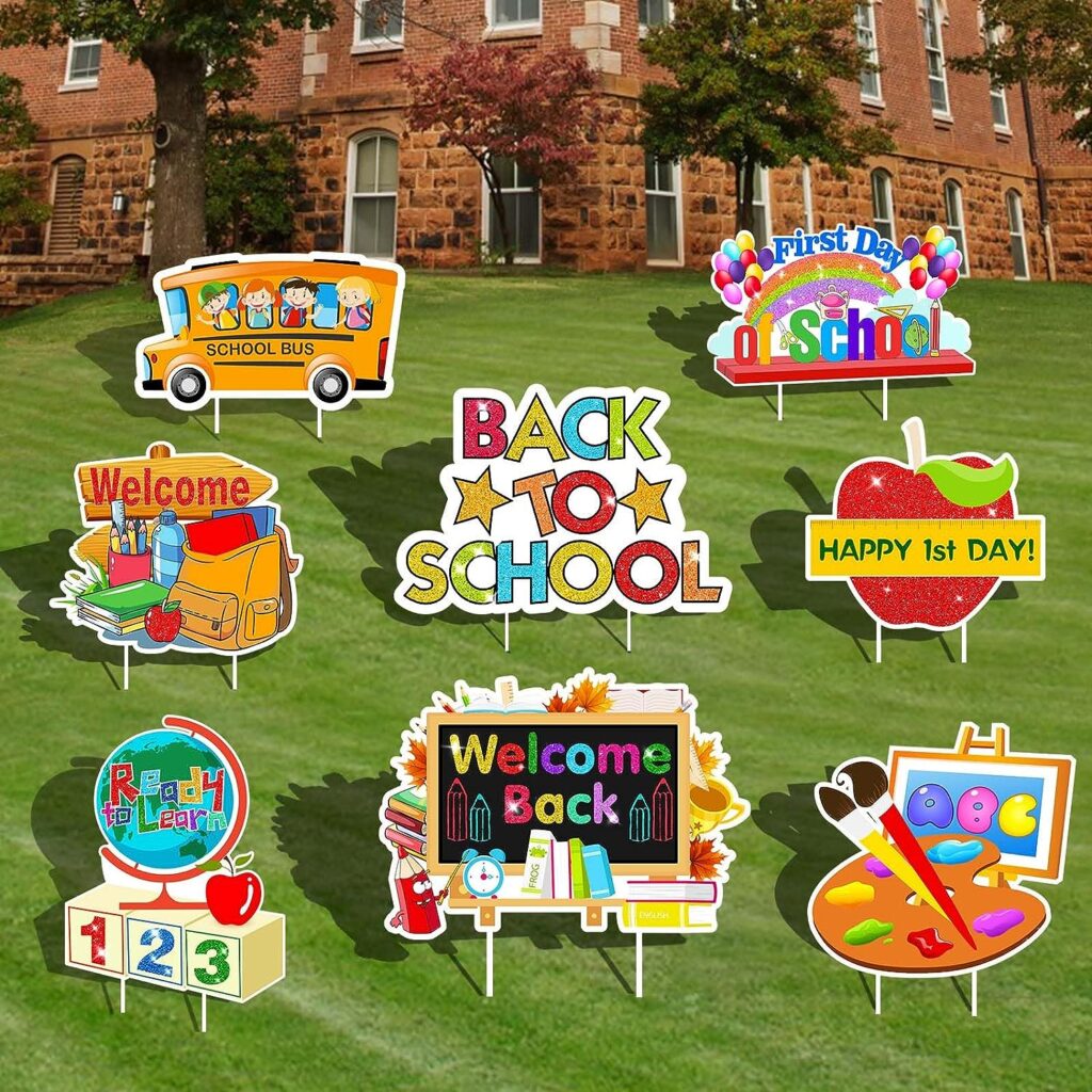 8pcs Back to School Yard Signs, First Day of School Ready To Learn Welcome Back to School Lawn Decorations Outdoor Waterproof Yard Decorations with Stakes for Back to School Decorations