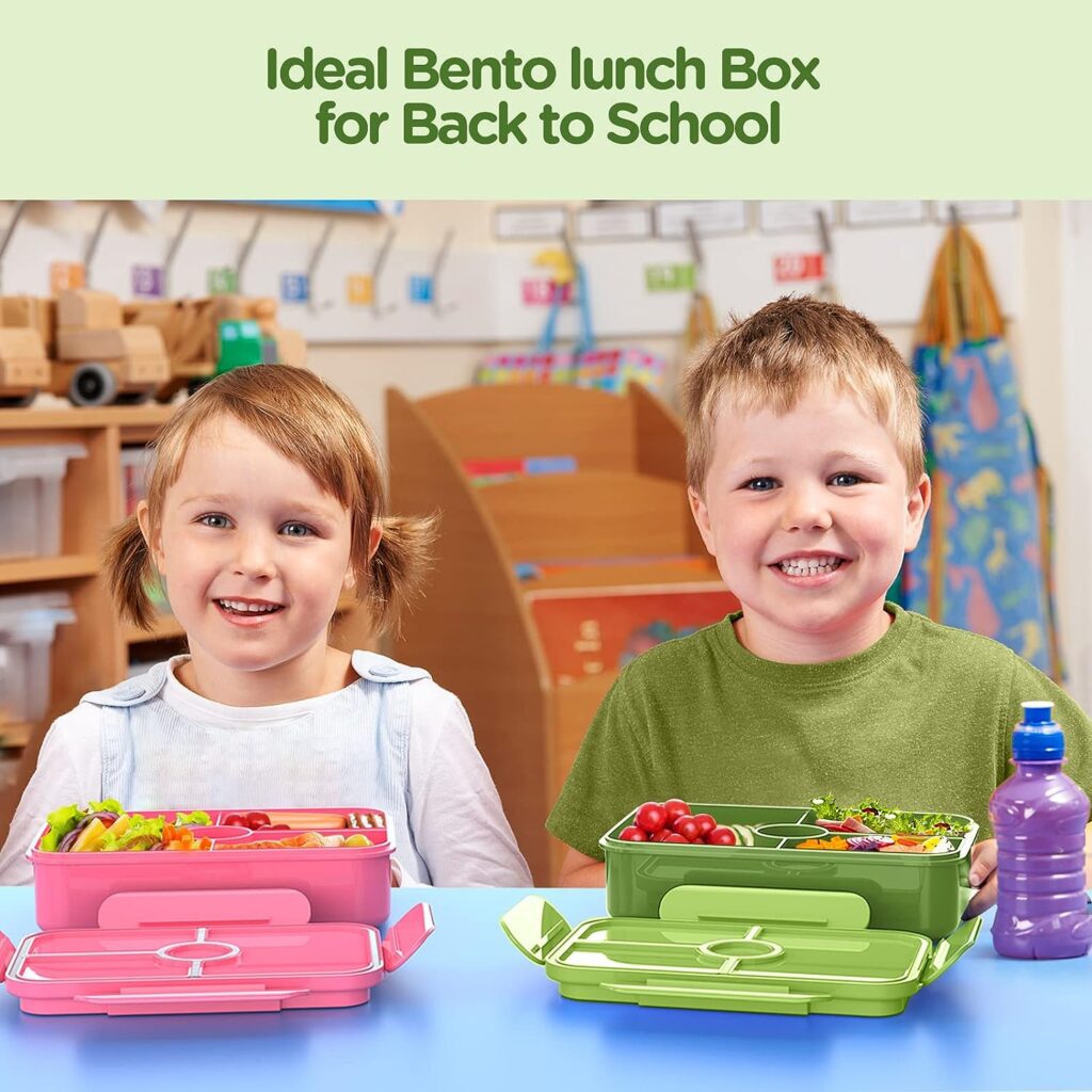 Jelife Bento Box Kids Lunch Box - Large Bento-Style Leakproof with 4 Compartments Food Storage Container with Tableware for Kids Back to School, Reusable On-the-Go Meal and Snack Packing, Green